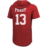 T-shirt à capuche manches courtes tri-mélange pour hommes Majestic Threads Brock Purdy Scarlet San Francisco 49ers Nom et numéro du joueur