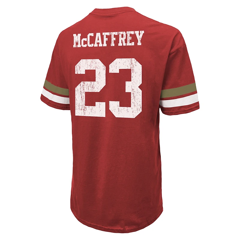 T-shirt surdimensionné pour homme Majestic Threads Christian McCaffrey Scarlet avec nom et numéro des San Francisco 49ers