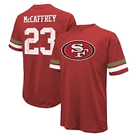 T-shirt surdimensionné pour homme Majestic Threads Christian McCaffrey Scarlet avec nom et numéro des San Francisco 49ers