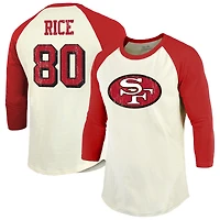 T-shirt à manches raglan 3/4 pour homme Majestic Threads Jerry Rice Cream/Scarlet avec nom et numéro de joueur retraité des 49ers San Francisco