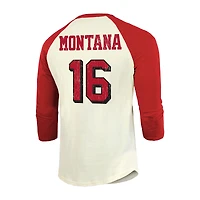 T-shirt à manches raglan 3/4 pour homme Majestic Threads Joe Montana Cream/Scarlet avec nom et numéro de joueur retraité des 49ers San Francisco