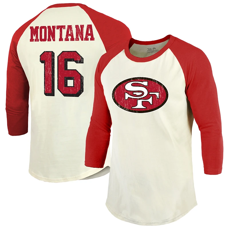 T-shirt à manches raglan 3/4 pour homme Majestic Threads Joe Montana Cream/Scarlet avec nom et numéro de joueur retraité des 49ers San Francisco