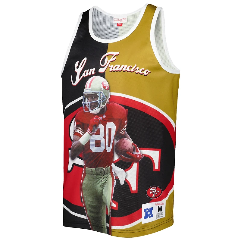 Débardeur Mitchell & Ness pour homme, noir et or, à l'effigie de Jerry Rice, joueur retraité des 49ers San Francisco.
