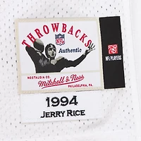 Maillot Mitchell & Ness Jerry Rice blanc des 49ers de San Francisco, édition 1994, authentique et rétro, porté par un joueur retraité.