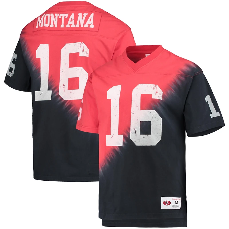 Mitchell & Ness Joe Montana pour homme Noir/Rouge San Francisco 49ers Nom et numéro du joueur à la retraite T-shirt col en V teint par nœuds diagonale