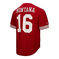 Haut en maille pour homme Mitchell & Ness Joe Montana Scarlet avec nom et numéro de joueur retraité des 49ers San Francisco