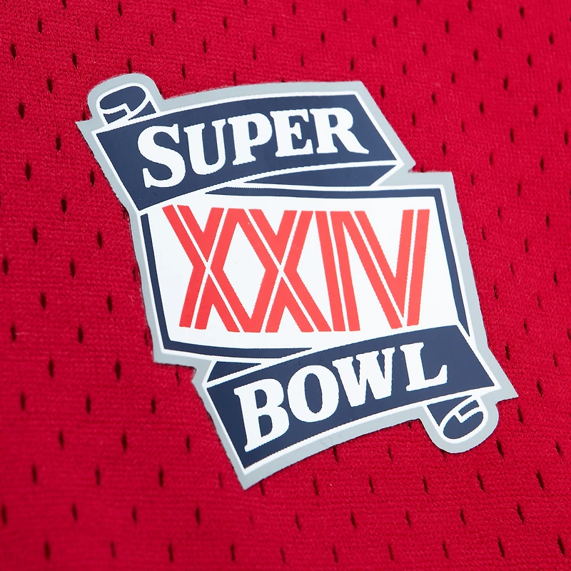 Haut en maille pour homme Mitchell & Ness Joe Montana Scarlet avec nom et numéro de joueur retraité des 49ers San Francisco