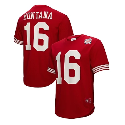 Haut en maille pour homme Mitchell & Ness Joe Montana Scarlet avec nom et numéro de joueur retraité des 49ers San Francisco