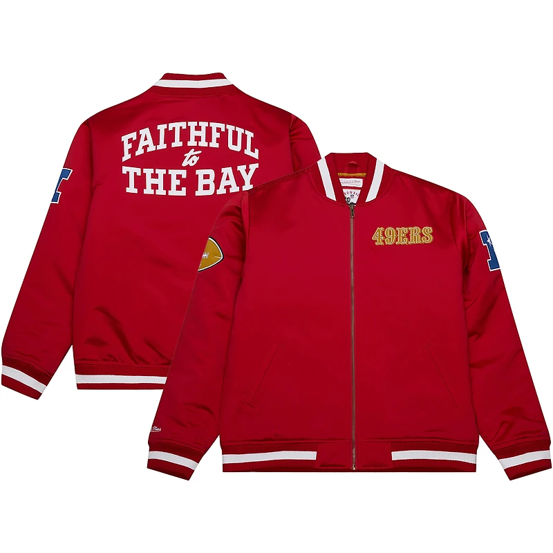 Veste Mitchell & Ness Scarlet San Francisco 49ers en satin épais entièrement zippée pour homme