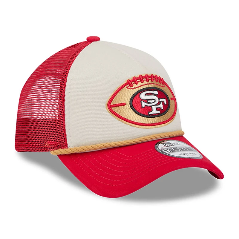 Men's New Era Stone/Scarlet San Francisco 49ers 2024 NFL Sideline Historic 9FORTY A-Frame Trucker Adjustable Hat