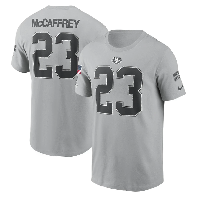 T-shirt Nike Christian McCaffrey gris pour homme San Francisco 49ers 2024 Salute To Service avec nom et numéro