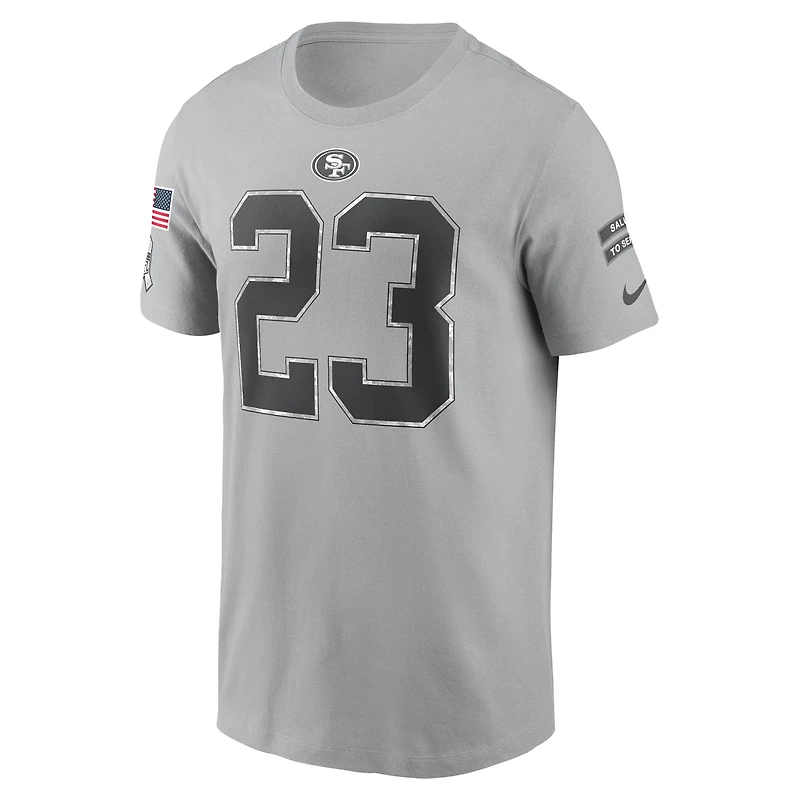 T-shirt Nike Christian McCaffrey gris pour homme San Francisco 49ers 2024 Salute To Service avec nom et numéro