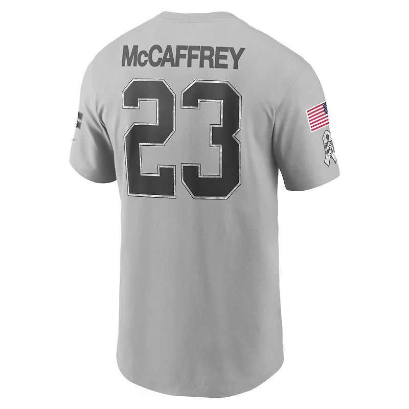 T-shirt Nike Christian McCaffrey gris pour homme San Francisco 49ers 2024 Salute To Service avec nom et numéro