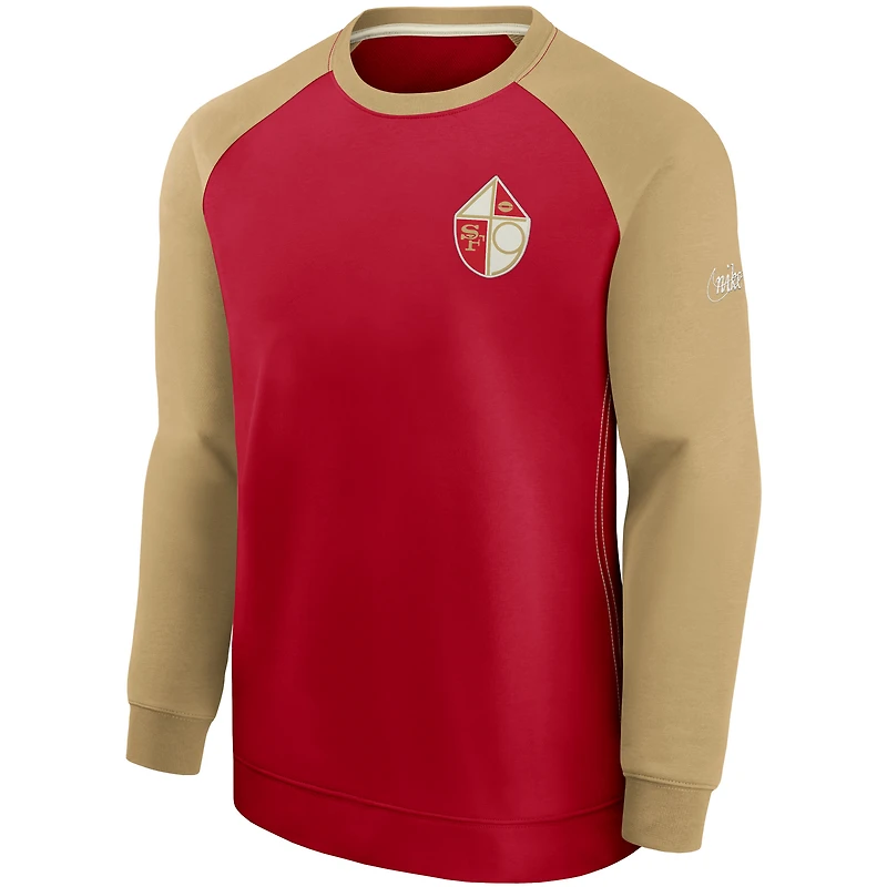 Pull Nike à col ras du cou et manches raglan historique des 49ers de San Francisco pour homme, couleur écarlate/doré