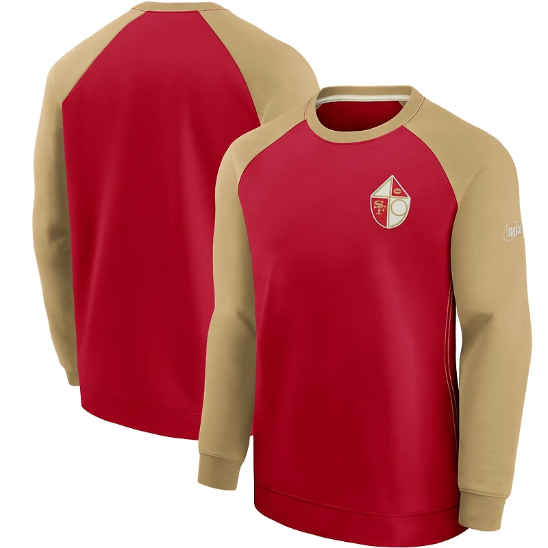 Pull Nike à col ras du cou et manches raglan historique des 49ers de San Francisco pour homme, couleur écarlate/doré