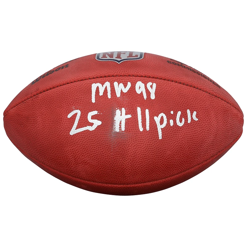 Ballon de football américain Wilson Duke en couleur, autographié par Mykel Williams (49ers de San Francisco), avec inscription « Choix n° 11 de la saison 2025 ».