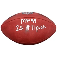 Ballon de football américain Wilson Duke en couleur, autographié par Mykel Williams (49ers de San Francisco), avec inscription « Choix n° 11 de la saison 2025 ».