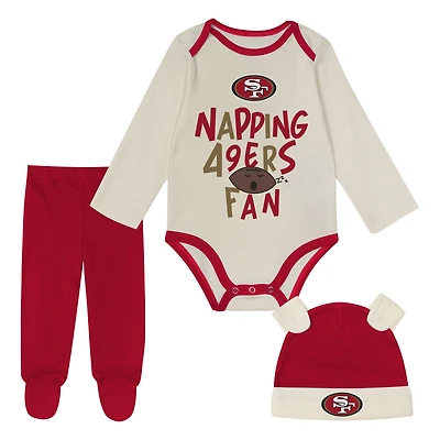 Newborn Outerstuff Scarlet San Francisco 49ers Little Champ Three-Piece Long Sleeve Bodysuit, Pants and Cuffed Hat Set