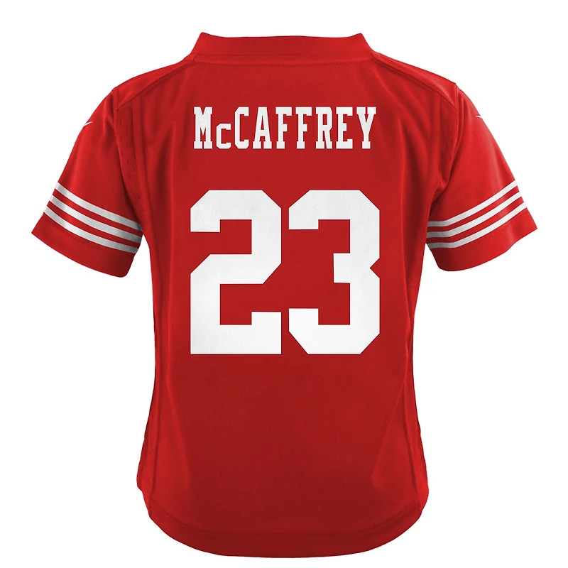 Maillot de jeu joueur Nike Christian McCaffrey Scarlet San Francisco 49ers pour enfant d'âge préscolaire