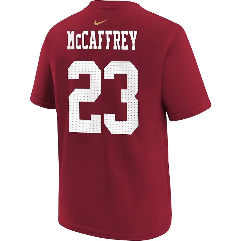 T-shirt Nike Christian McCaffrey rouge écarlate des 49ers de San Francisco pour enfants d'âge préscolaire, avec nom et numéro du joueur