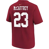 T-shirt Nike Christian McCaffrey rouge écarlate des 49ers de San Francisco pour enfants d'âge préscolaire, avec nom et numéro du joueur
