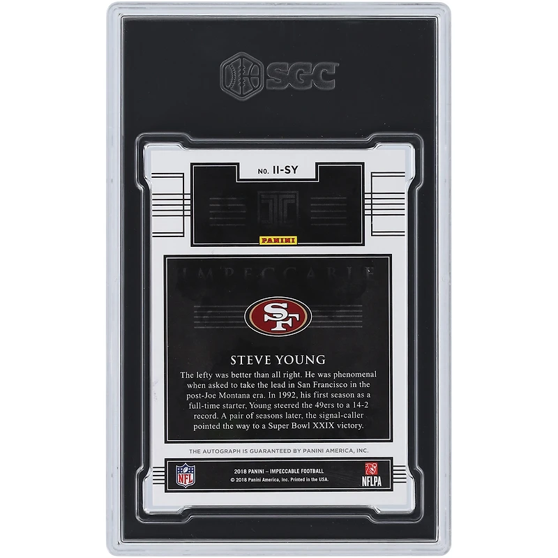 Steve Young San Francisco 49ers Autographed 2018 Panini Impeccable Indelible Ink #II-SY #10/10 SGC Authenticated 9/10 Card