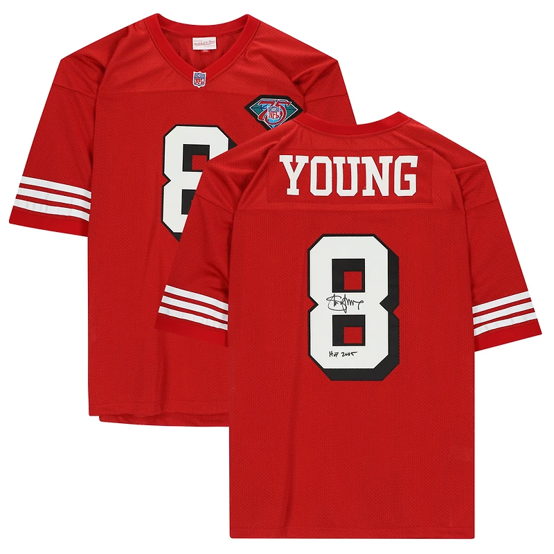 Maillot réplique rouge autographié par Steve Young des San Francisco 49ers avec l'inscription "HOF 2005"