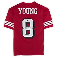 Maillot authentique rouge autographié par Steve Young des San Francisco 49ers, Mitchell/Ness, avec inscriptions « SB XXIX MVP, HOF 2005 ».