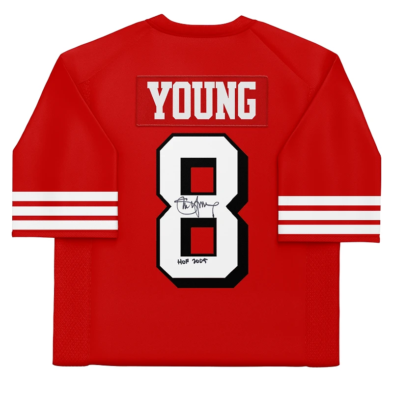 Maillot authentique rouge autographié par Steve Young des San Francisco 49ers, Mitchell/Ness, avec inscriptions « SB XXIX MVP, HOF 2005 ».