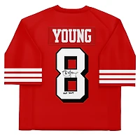 Maillot authentique rouge autographié par Steve Young des San Francisco 49ers, Mitchell/Ness, avec inscriptions « SB XXIX MVP, HOF 2005 ».