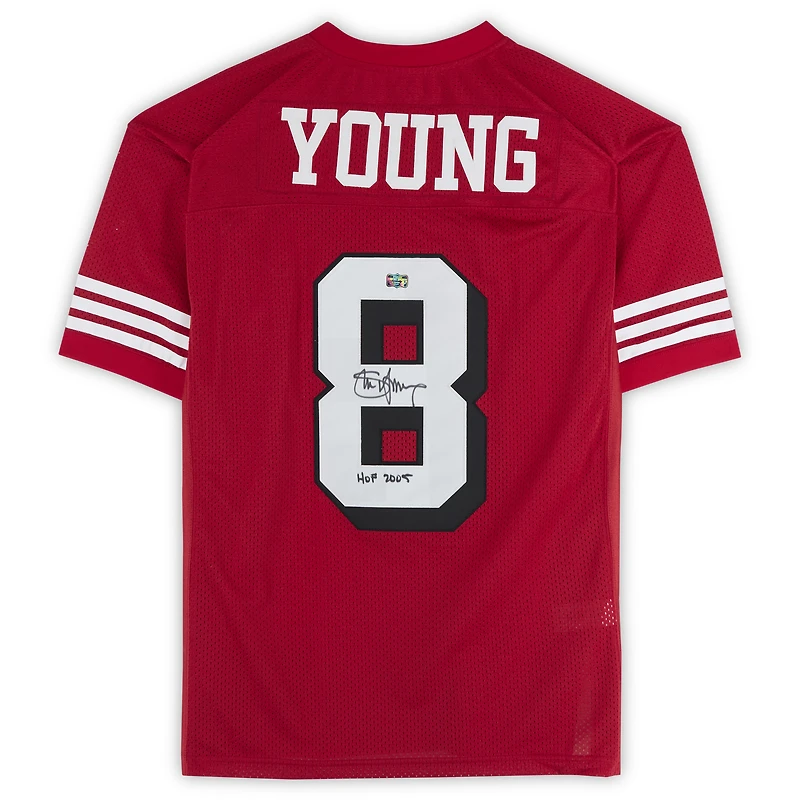 Maillot authentique dédicacé par Steve Young des San Francisco 49ers par Scarlet Mitchell & Ness avec inscription « HOF 2005 »