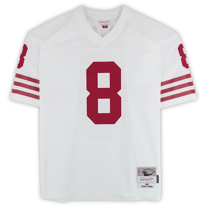 Maillot réplique blanc autographié par Steve Young des San Francisco 49ers, Mitchell & Ness 1990, avec plusieurs inscriptions