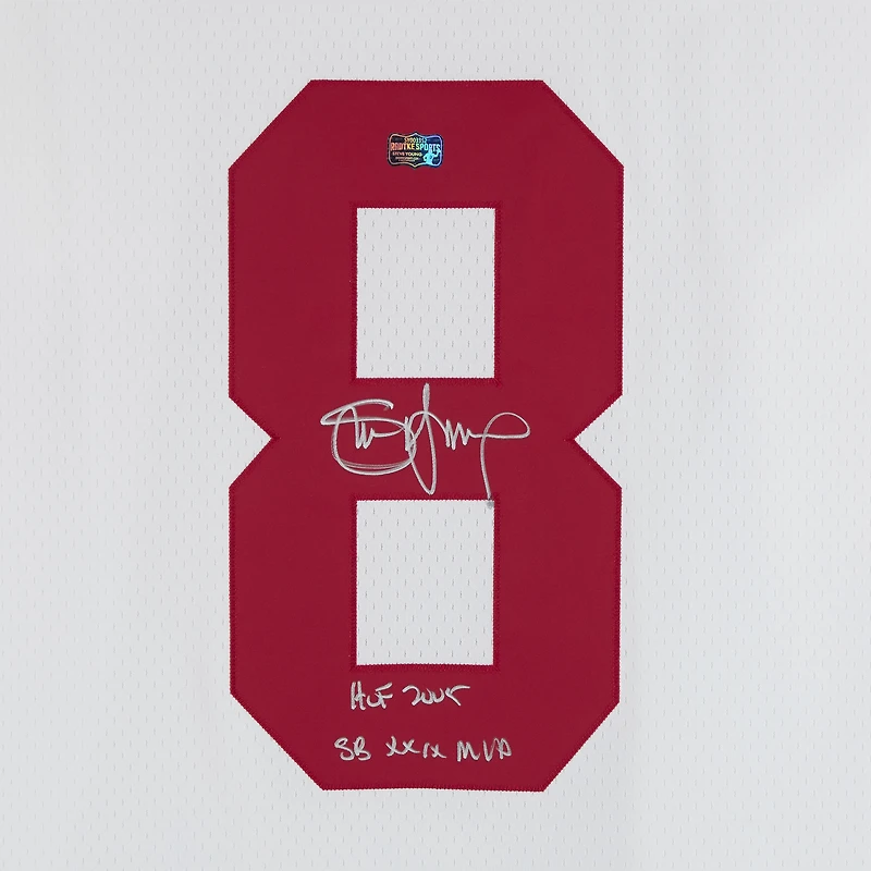 Maillot réplique blanc autographié par Steve Young des San Francisco 49ers, Mitchell & Ness 1990, avec plusieurs inscriptions