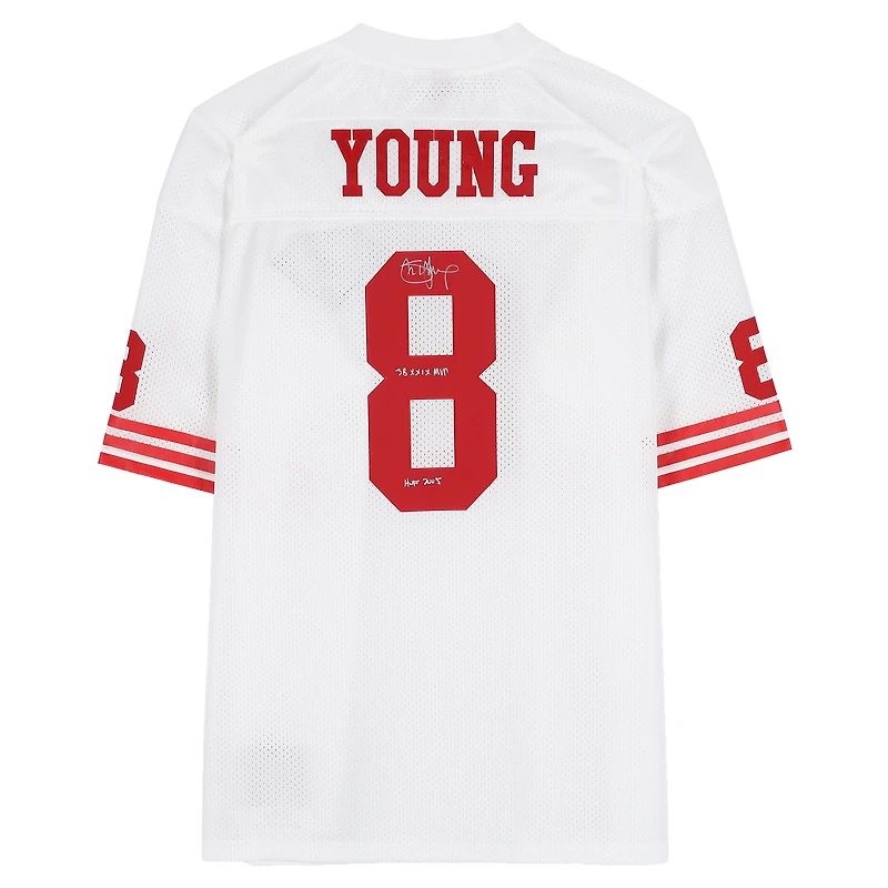 Steve Young San Francisco 49ers Autographed White Mitchell & Ness Authentic Jersey with "SB XXIX MVP, HOF 2005" Inscriptions