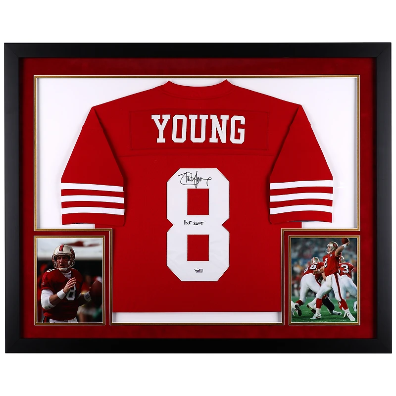 Steve Young San Francisco 49ers SM Deluxe Framed Autographed Red Replica Mitchell & Ness Jersey with "HOF 2005" Inscription