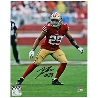 Photographie de position défensive rouge autographiée de Talanoa Hufanga des 49ers de San Francisco 8"x 10"