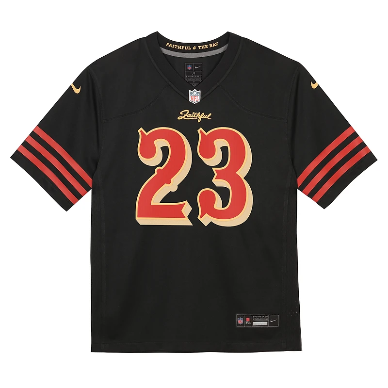 Maillot de match Nike Christian McCaffrey noir pour enfant, collection Rivalries 2025 des 49ers San Francisco.