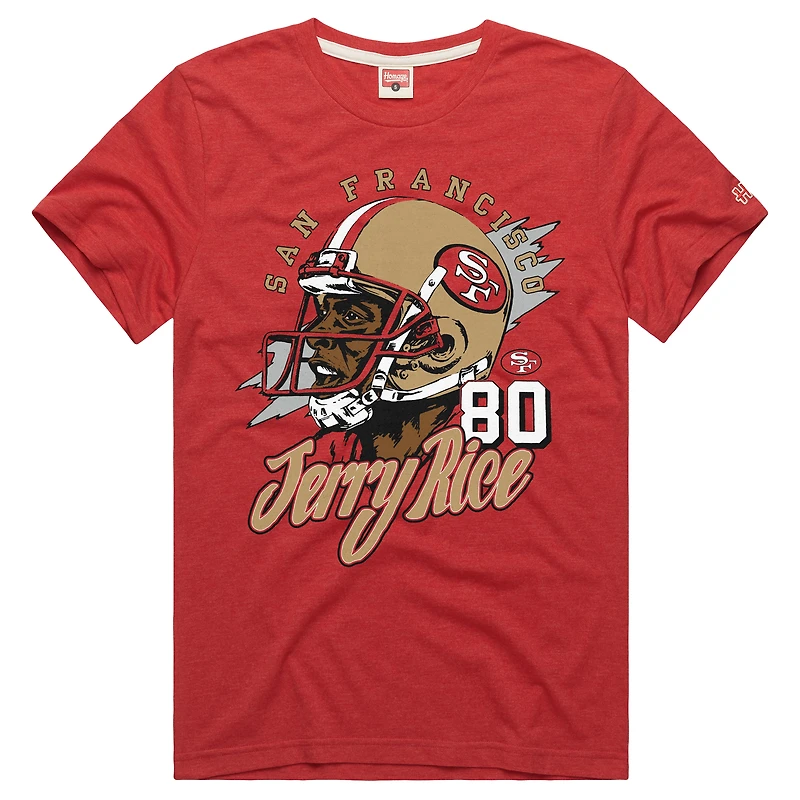 T-shirt unisexe en mélange de trois matières, hommage à Jerry Rice, rouge écarlate, des 49ers San Francisco. Illustration classique.