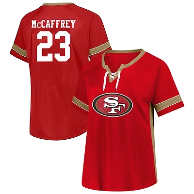T-shirt à lacets grande taille avec nom et numéro pour femmes Fanatics Christian McCaffrey Scarlet San Francisco 49ers