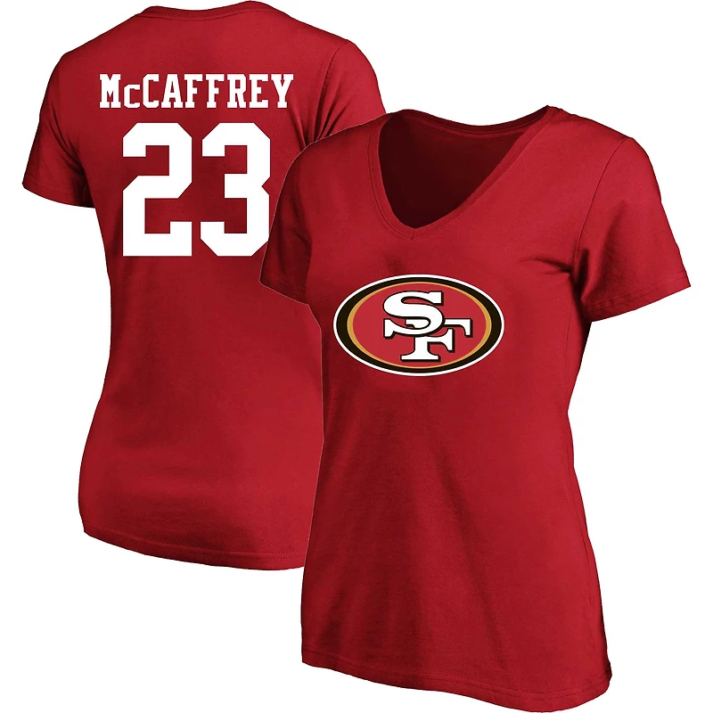 T-shirt à col rond avec nom et numéro Fair Catch pour femme Christian McCaffrey Scarlet San Francisco 49ers grande taille