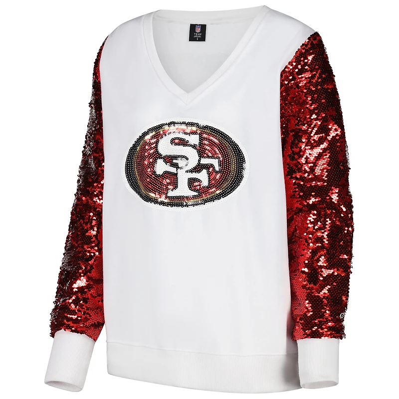 Women's Cuce White San Francisco 49ers Sequin Sleeve V-Neck Pullover Sweatshirt