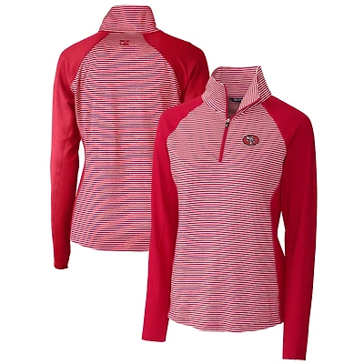 Pull-over extensible à demi-zip avec logo rétro Forge et rayures ton sur pour femme, Cutter & Buck Scarlet, San Francisco 49ers