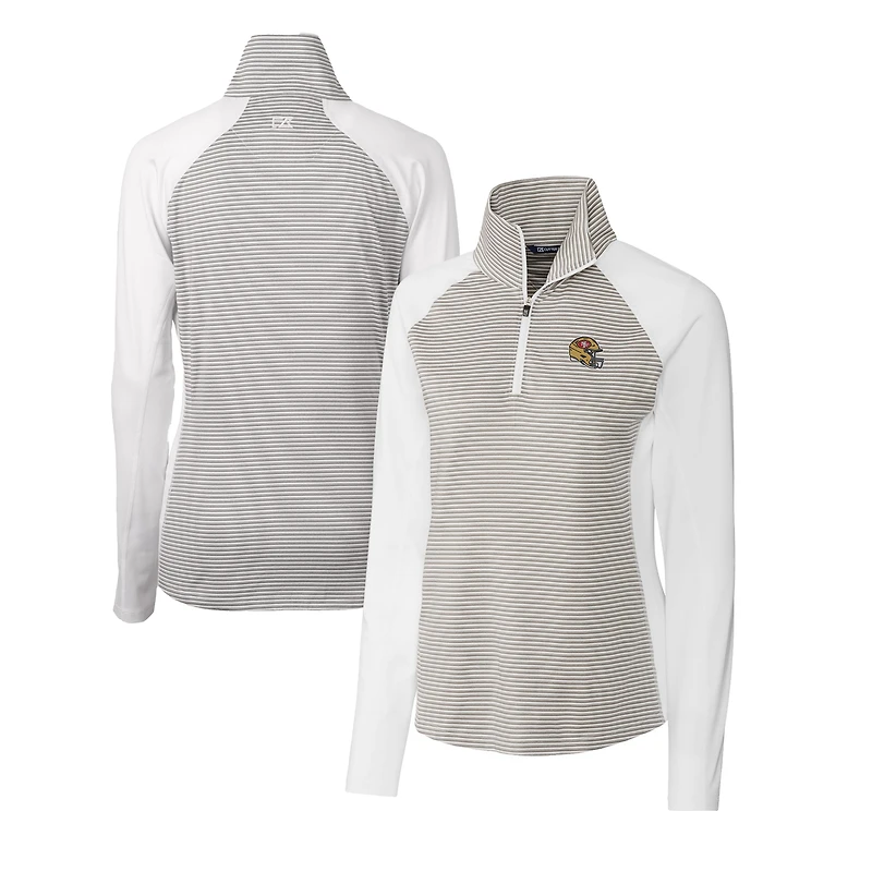 Haut demi-zippé extensible à rayures ton sur DryTec Forge pour femme, blanc, avec logo du casque des 49ers de San Francisco, Cutter & Buck