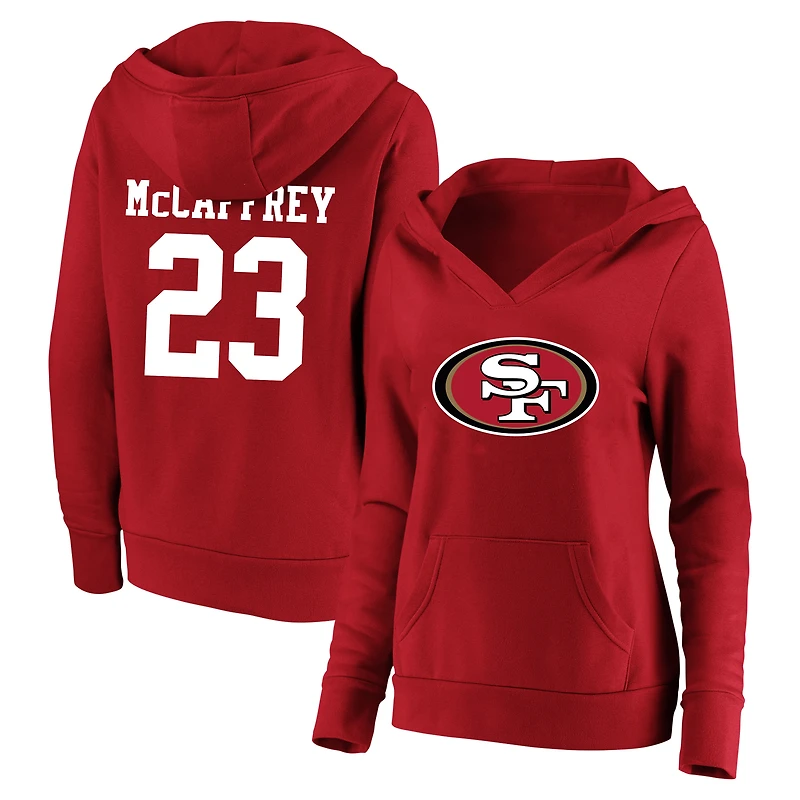 Sweat à capuche col V Fanatics pour femmes, modèle Christian McCaffrey Scarlet des 49ers de San Francisco, grande taille, avec nom et numéro du joueur