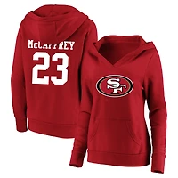 Sweat à capuche col V Fanatics pour femmes, modèle Christian McCaffrey Scarlet des 49ers de San Francisco, grande taille, avec nom et numéro du joueur