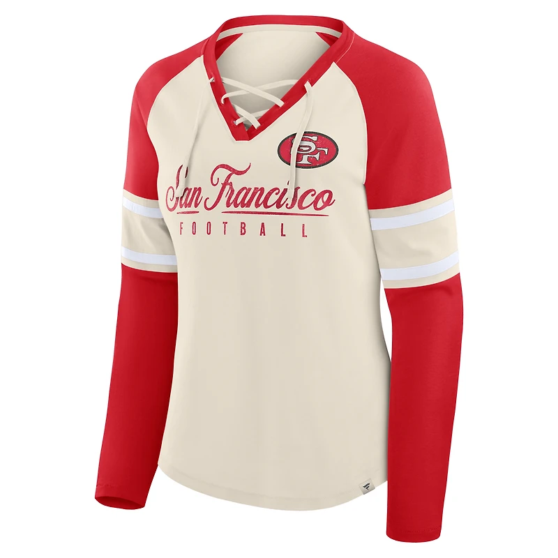 Women's Fanatics Cream/Scarlet San Francisco 49ers Gridiron Hero Raglan Lace-Up V-Neck Long Sleeve T-Shirt
