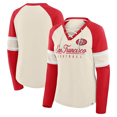 Women's Fanatics Cream/Scarlet San Francisco 49ers Gridiron Hero Raglan Lace-Up V-Neck Long Sleeve T-Shirt