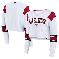 Women's Fanatics White San Francisco 49ers Stretch Cropped Long Sleeve V-Neck T-Shirt