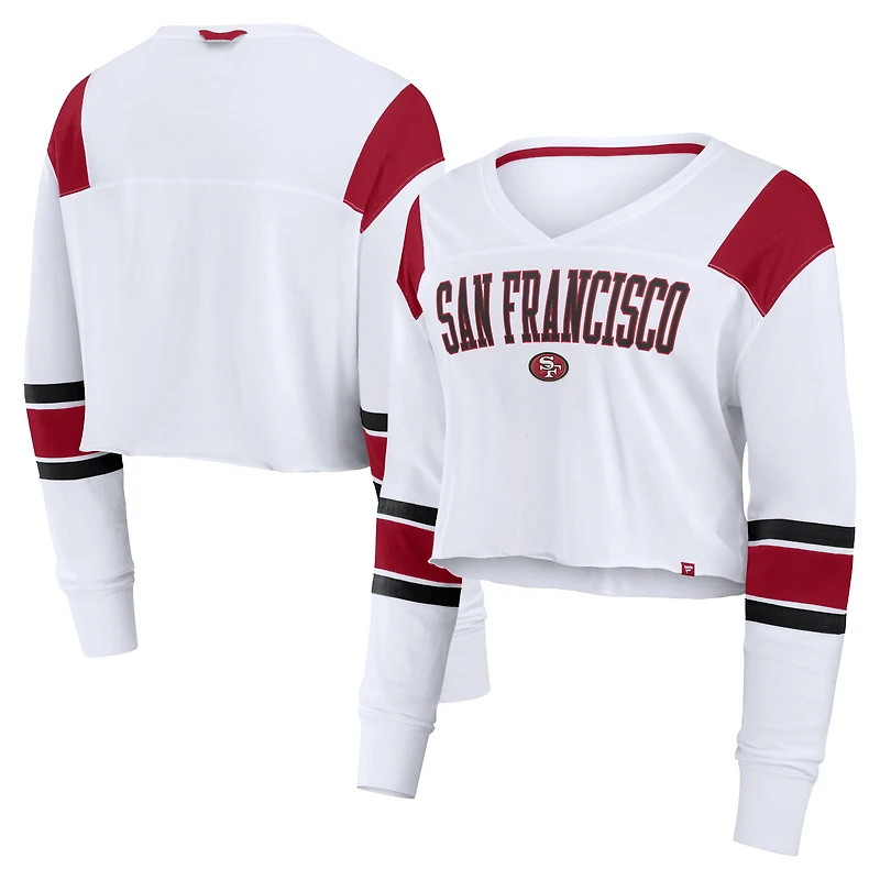 Women's Fanatics White San Francisco 49ers Stretch Cropped Long Sleeve V-Neck T-Shirt