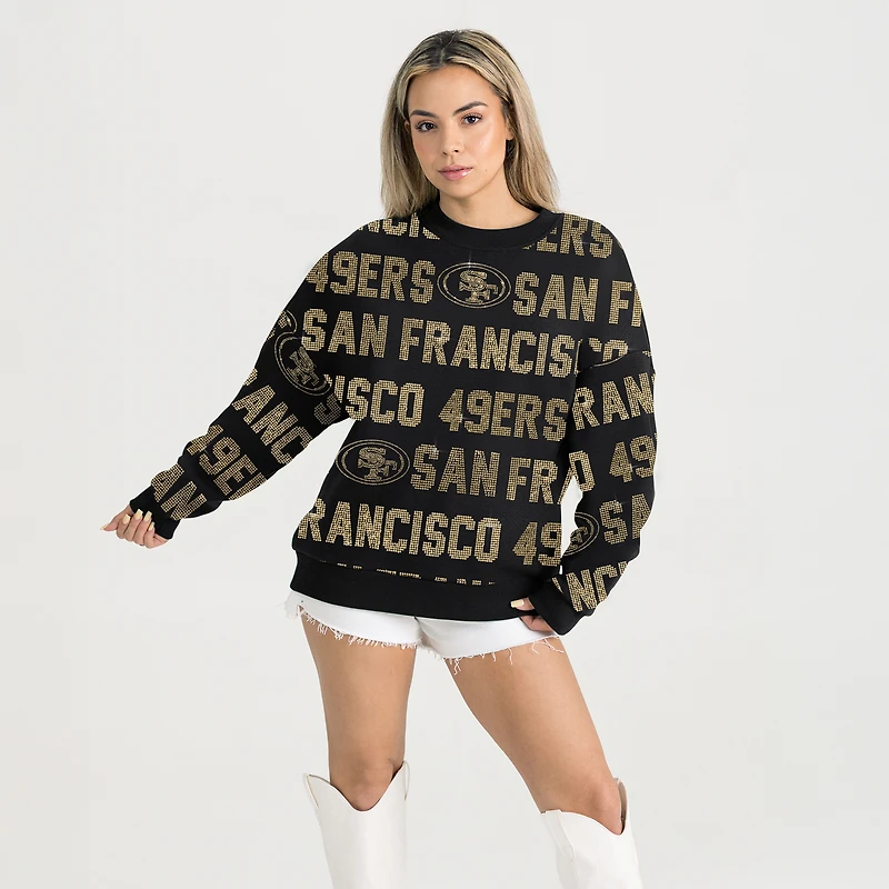 Sweat-shirt noir Gameday Couture pour femme, coupe décontractée, épaules tombantes, motif Hype Era, avec texte en strass, des 49ers de San Francisco